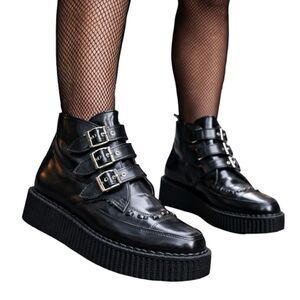 T.U.K. Ankle Black Leather Buckle Creeper Platform Pointed Toe Boots